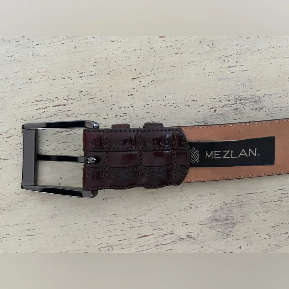 Mezlan Made in Spain Gun Metal Buckle Brogues Trim Leather Belt in Brown Size 42